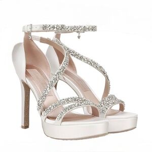 Pnina Tornai Love White Jeweled Embellished Satin Platform Sandals / Heels